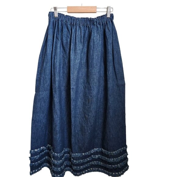 Vintage 90s Long Denim Maxi Skirt Size S Y2K Tiered Ruffle Raw Pull‎ On Elastic - Picture 1 of 14